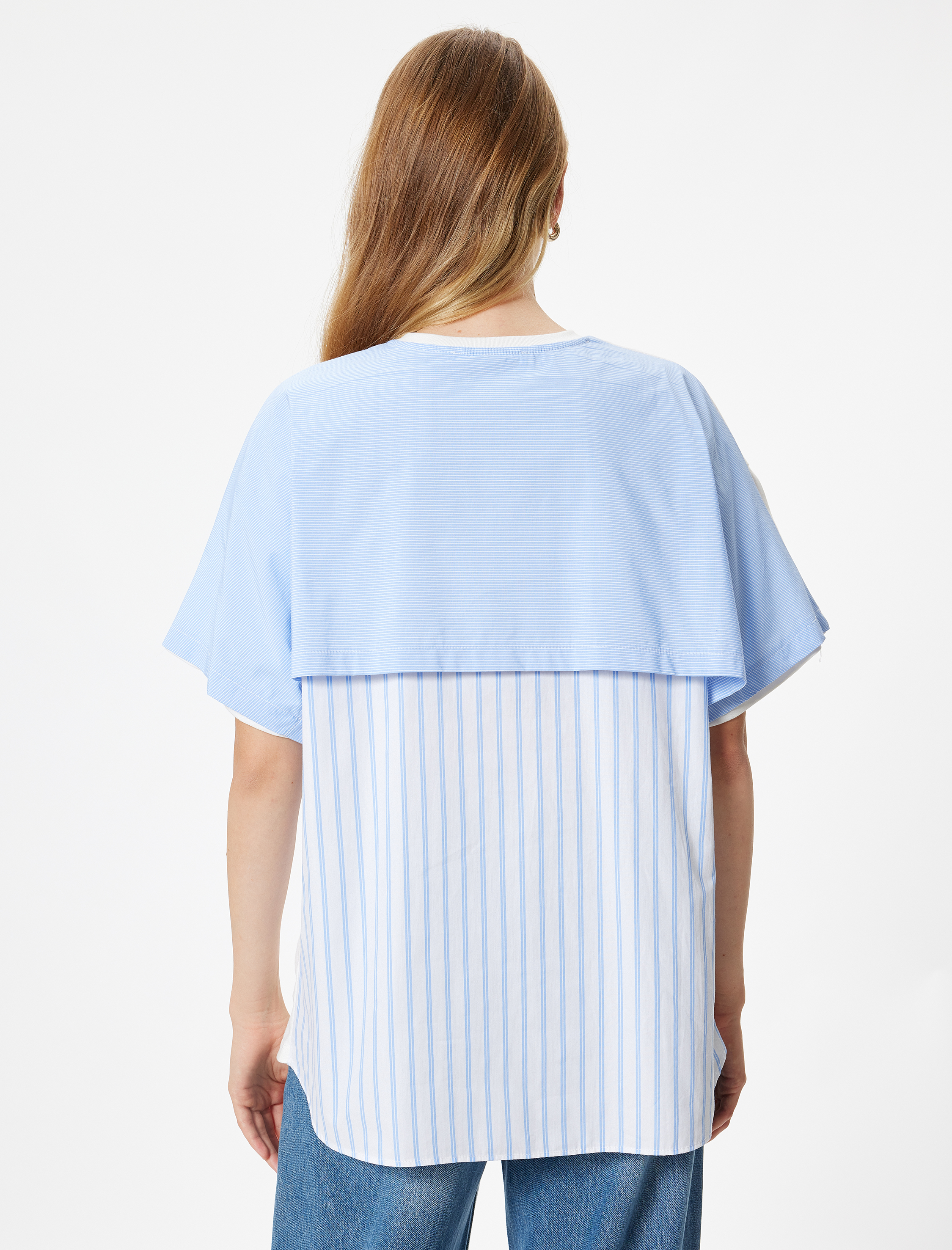   İki Farklı Kumaş Kullanımlı Kısa Kollu Pamuklu Çizgili Tişört