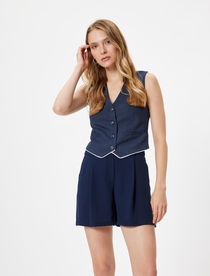  Mini Kumaş Şort Cepli Pile Detaylı Standart Bel