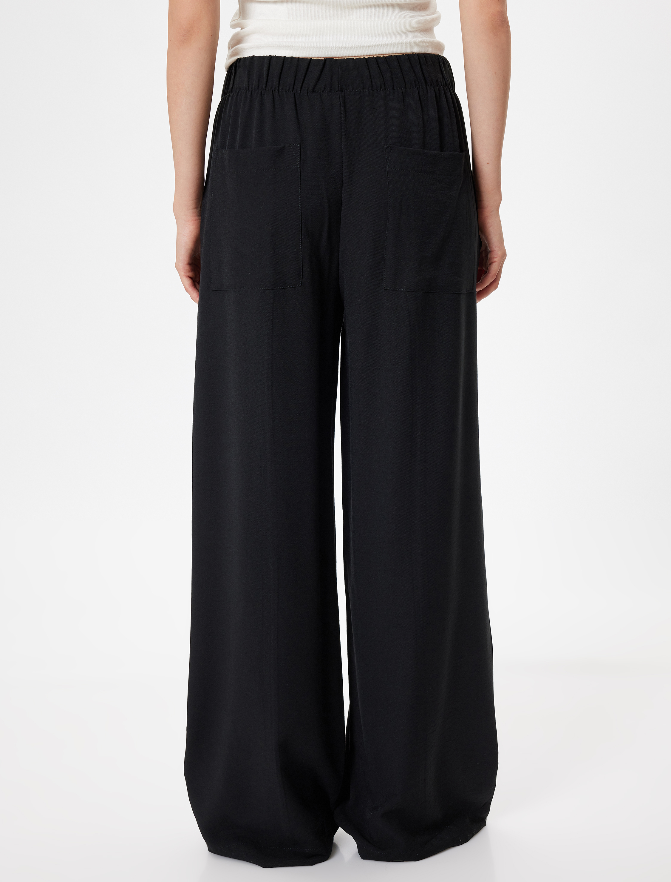   Beli Lastikli Bağlamalı Cepli Geniş Paça Viskon Pantolon