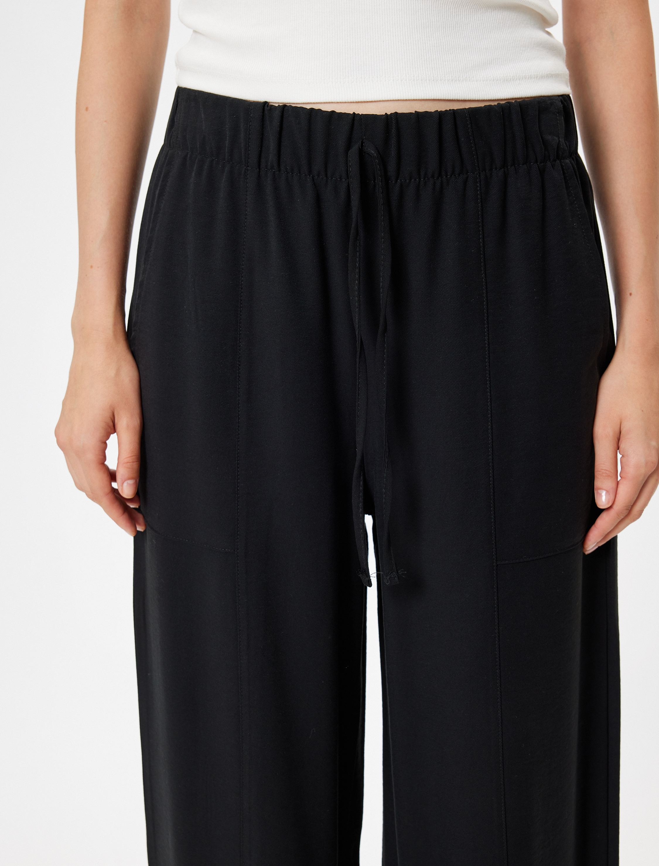   Beli Lastikli Bağlamalı Cepli Geniş Paça Viskon Pantolon