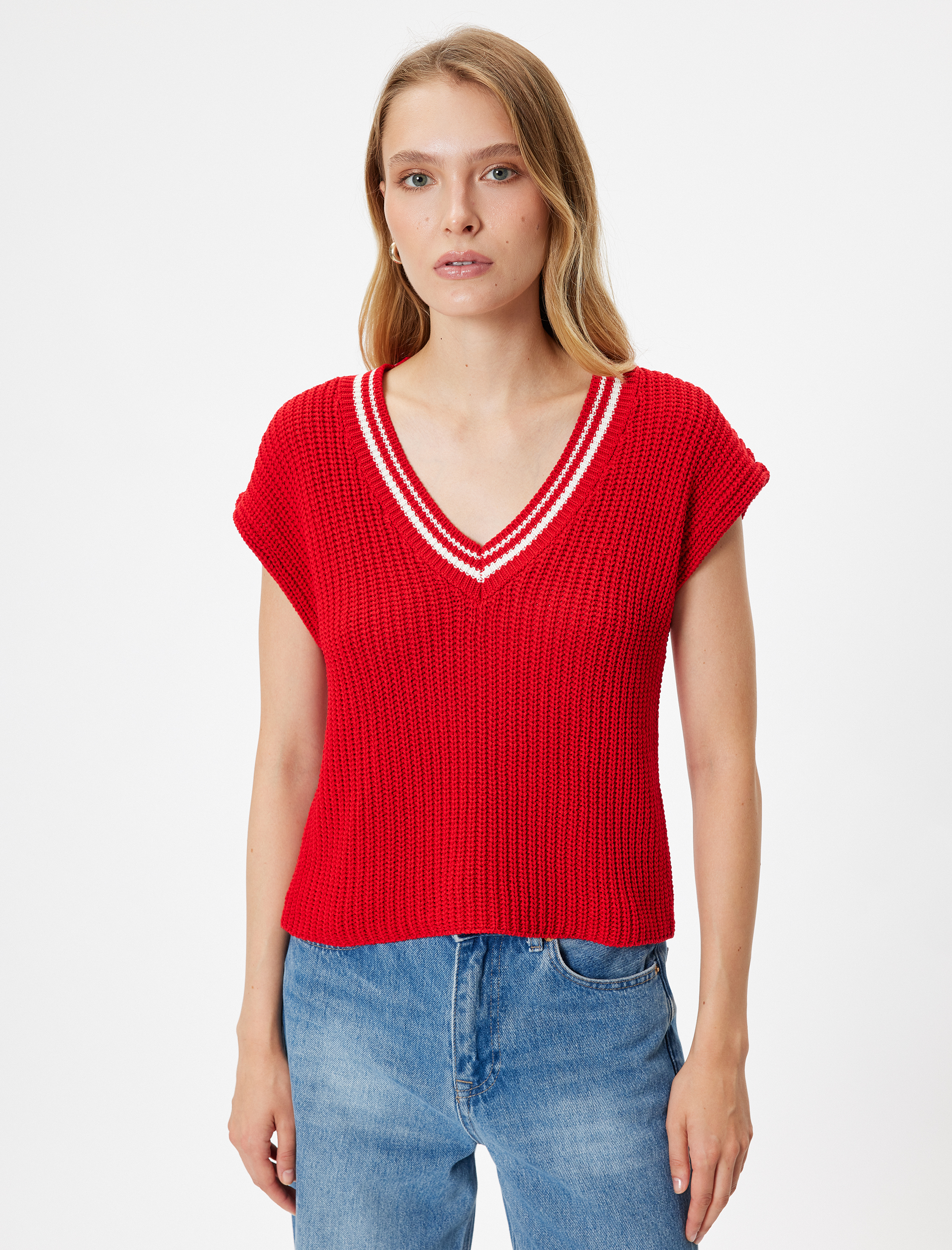   V Yaka Kolsuz Çizgili Triko Süveter