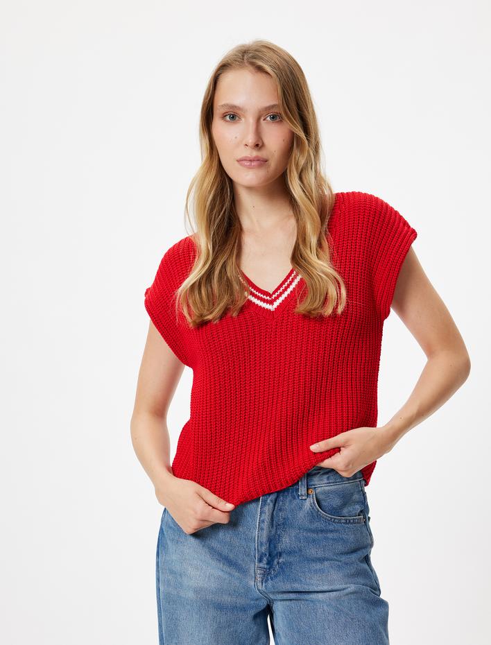  V Yaka Kolsuz Çizgili Triko Süveter