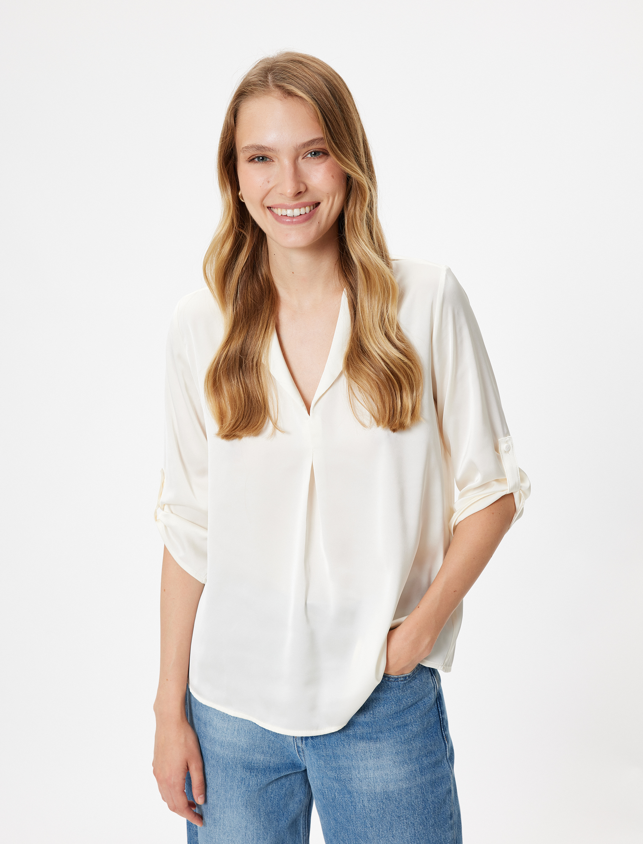   Saten Bluz 3/4 Kol Bol Kalıp