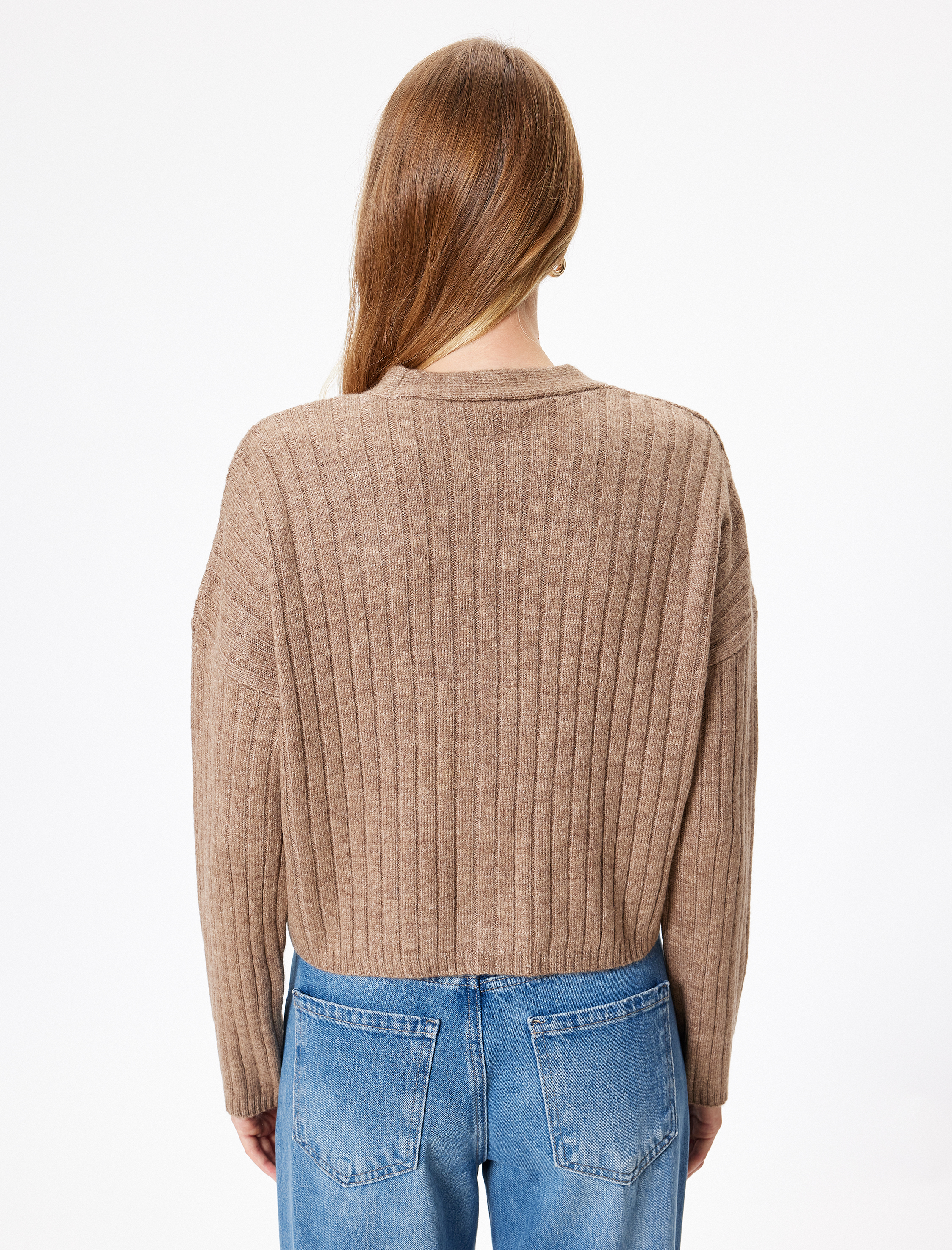   Yumuşak Dokulu V Yaka Düğmeli Çizgili Triko Hırka