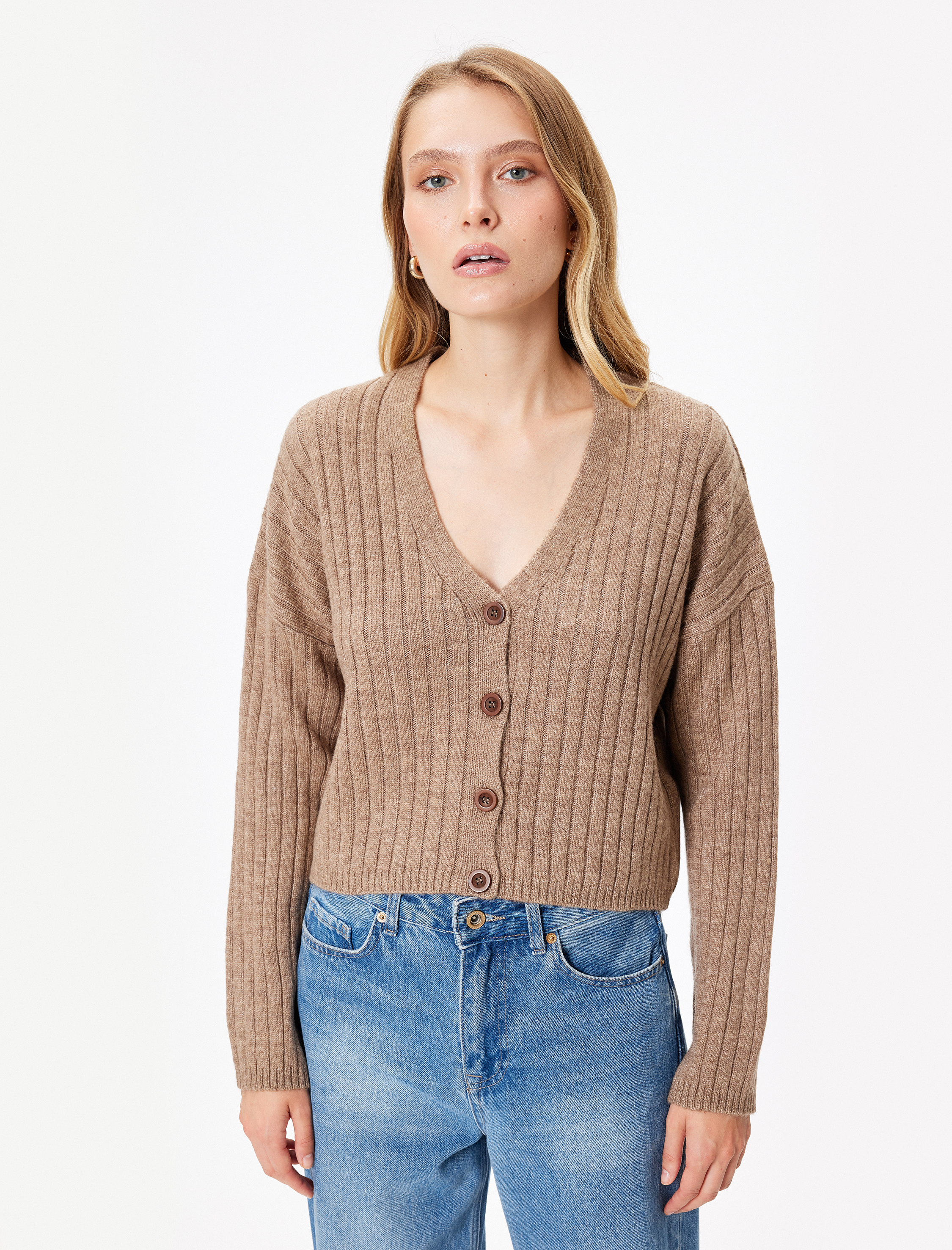   Yumuşak Dokulu V Yaka Düğmeli Çizgili Triko Hırka