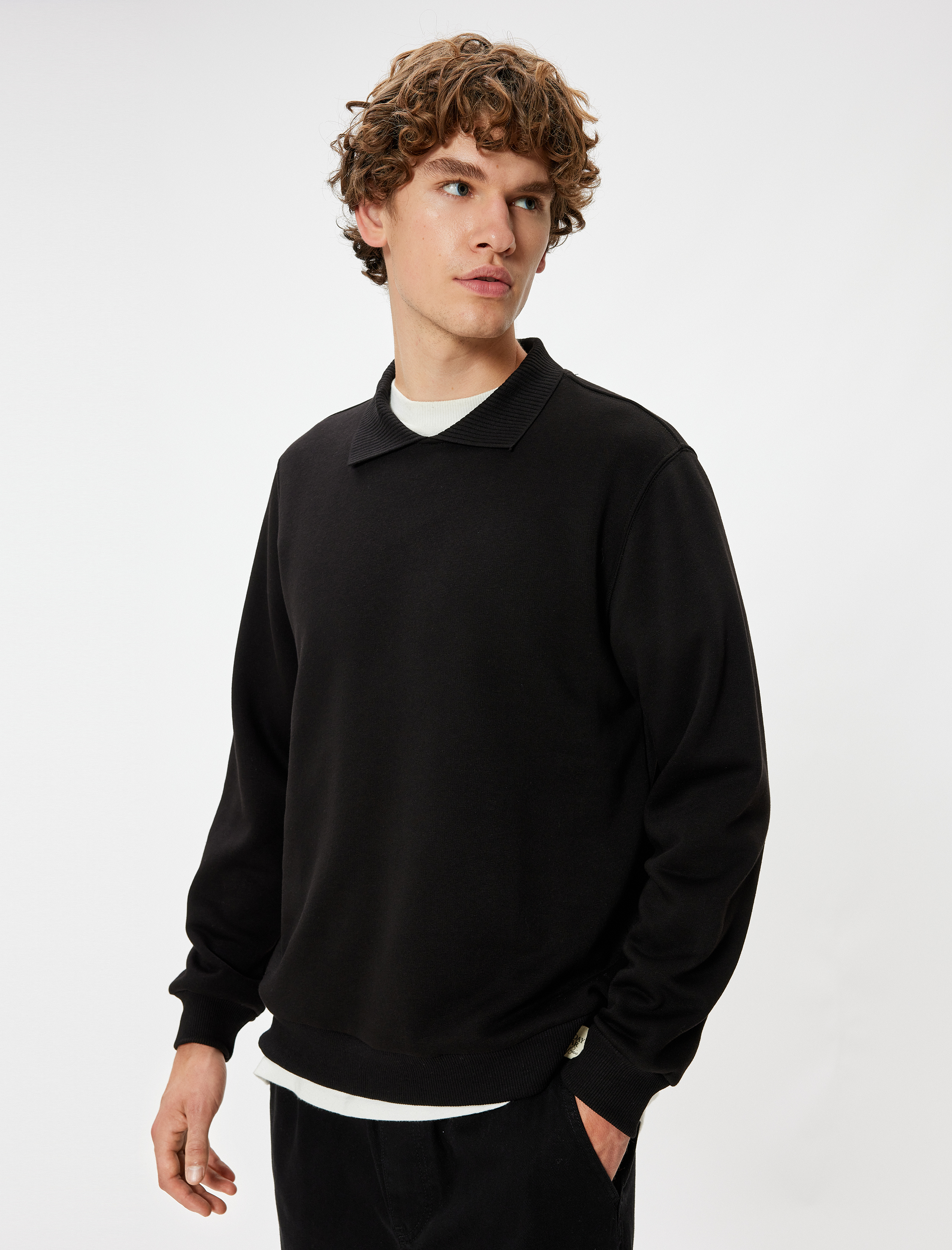 Polo Yaka Sweatshirt Basic Uzun Kollu Şardonlu Pamuk Karışımlı