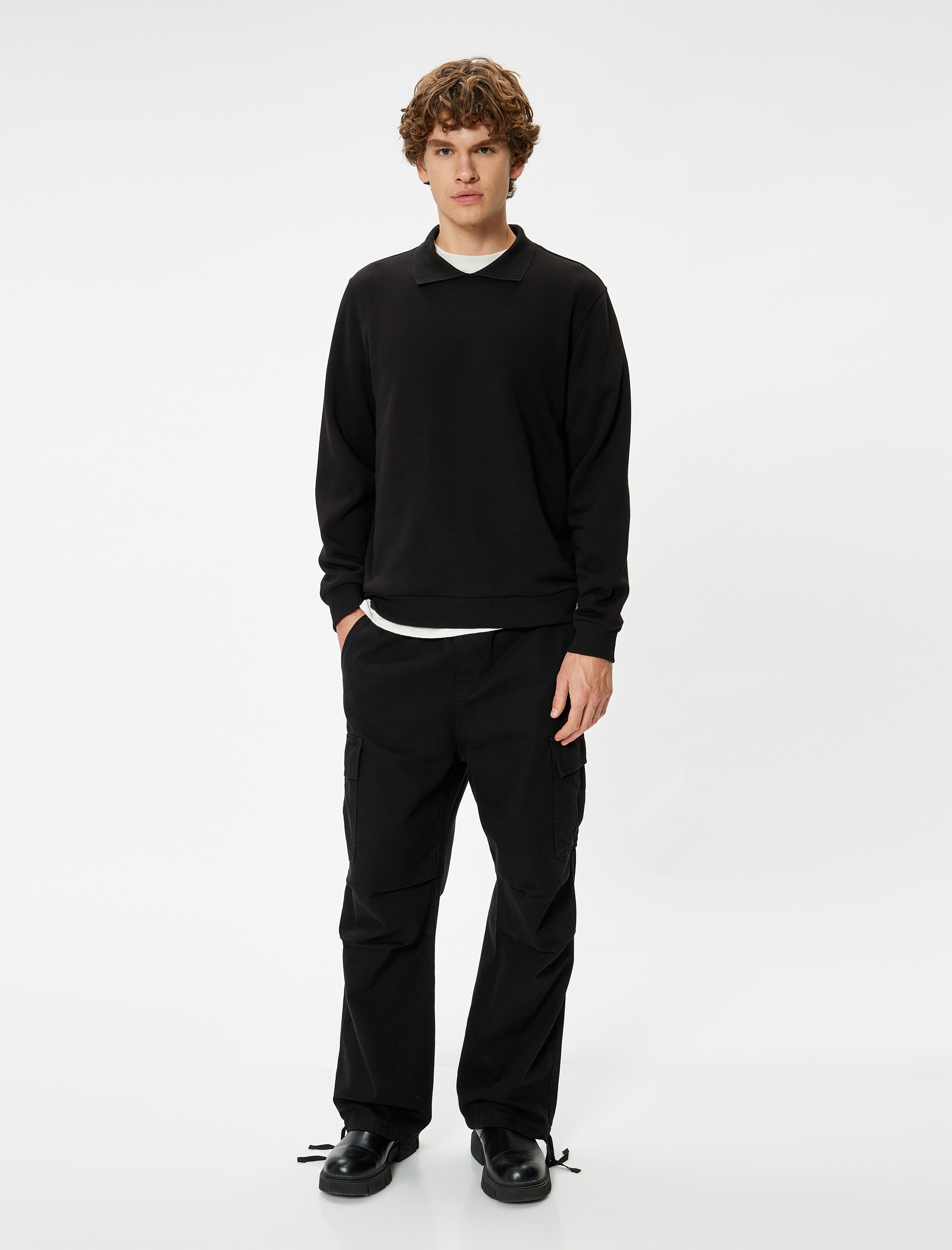 Polo Yaka Sweatshirt Basic Uzun Kollu Şardonlu Pamuk Karışımlı