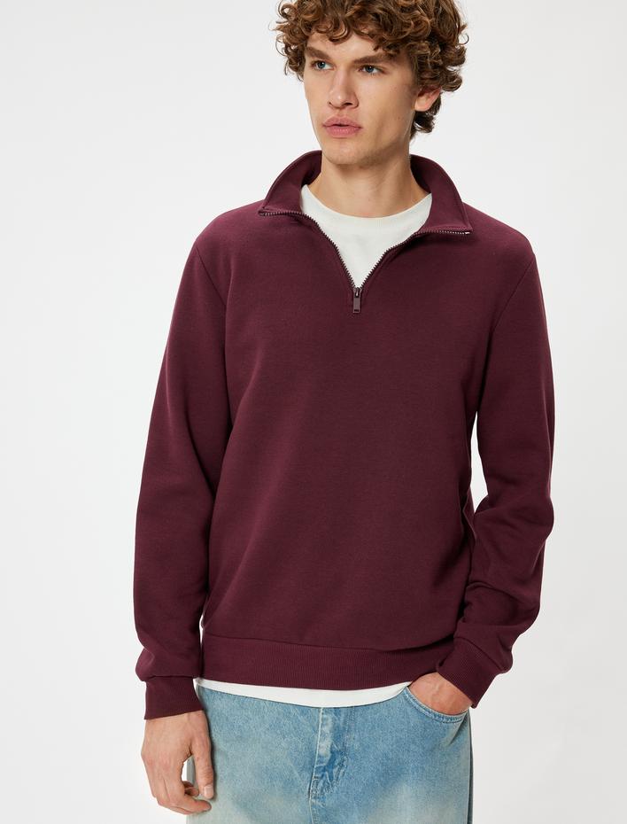  Yarım Fermuarlı Yaka Basic Şardonlu Pamuk Karışımlı Uzun Kollu Sweatshirt