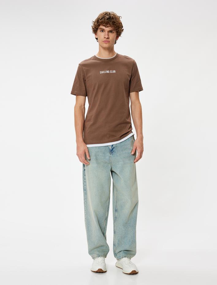  Bisiklet Yaka Tişört Slogan Baskılı Kısa Kollu Biyeli Pamuklu