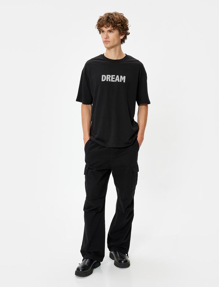  Slogan Baskılı Pamuklu Bisiklet Yaka Kısa Kollu Oversize Tişört