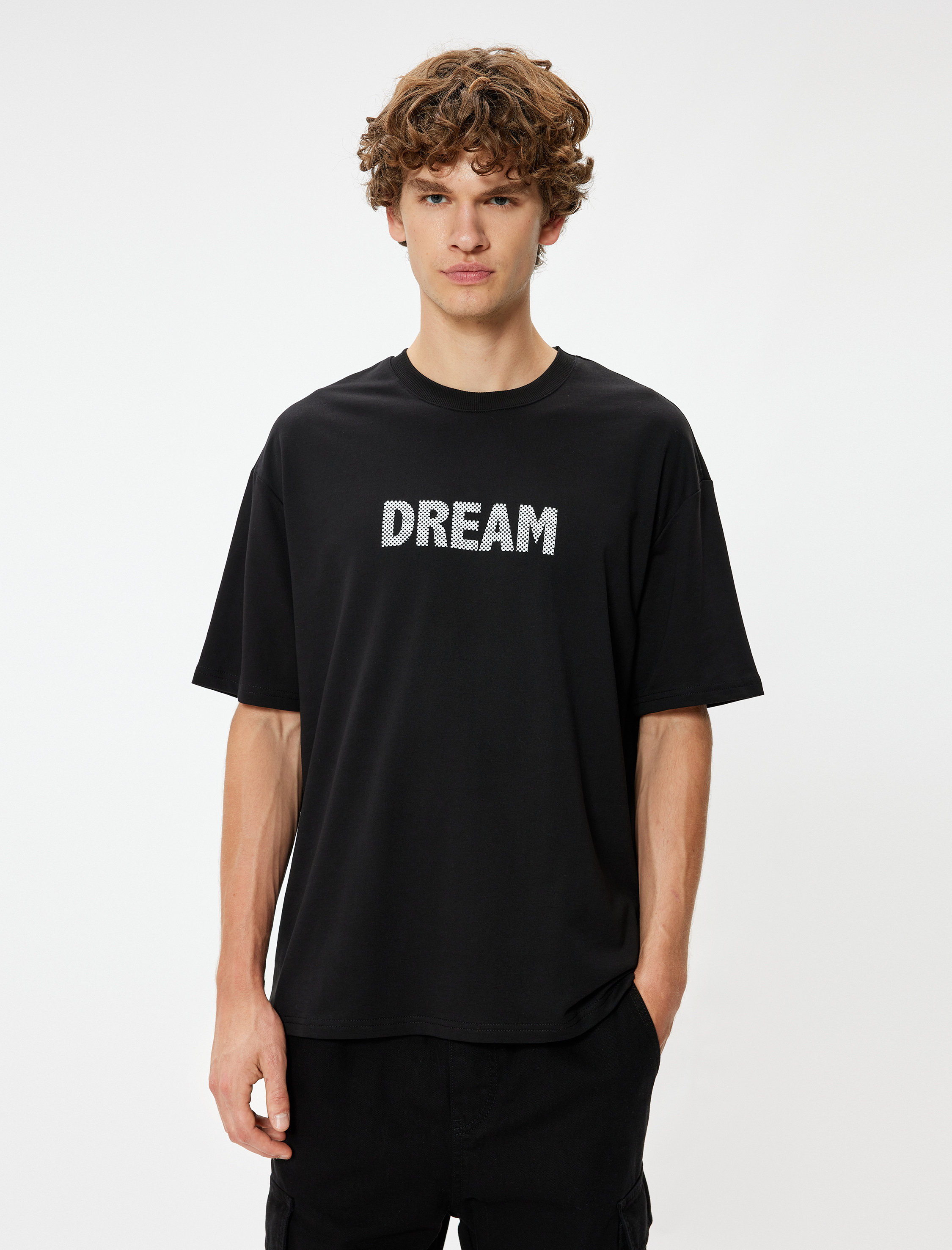   Slogan Baskılı Pamuklu Bisiklet Yaka Kısa Kollu Oversize Tişört