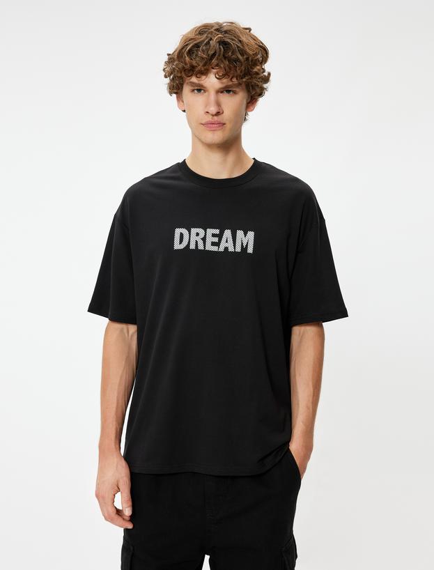 Oversize Tişört Slogan Baskılı Bisiklet Yaka Kısa Kollu Pamuklu_2