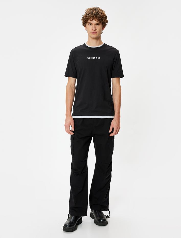  Bisiklet Yaka Tişört Slogan Baskılı Kısa Kollu Biyeli Pamuklu