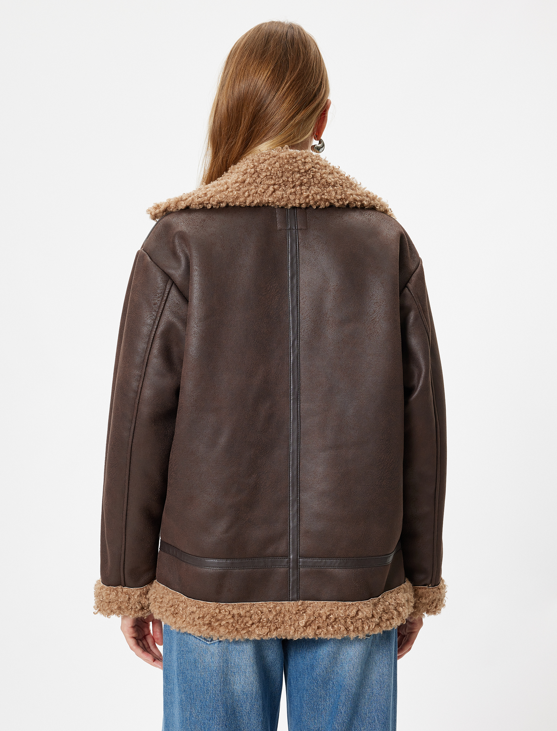   Koton X Sima Tarkan - Yakası Suni Kürklü Fermuarlı Cepli Suni Deri Oversize Biker Ceket