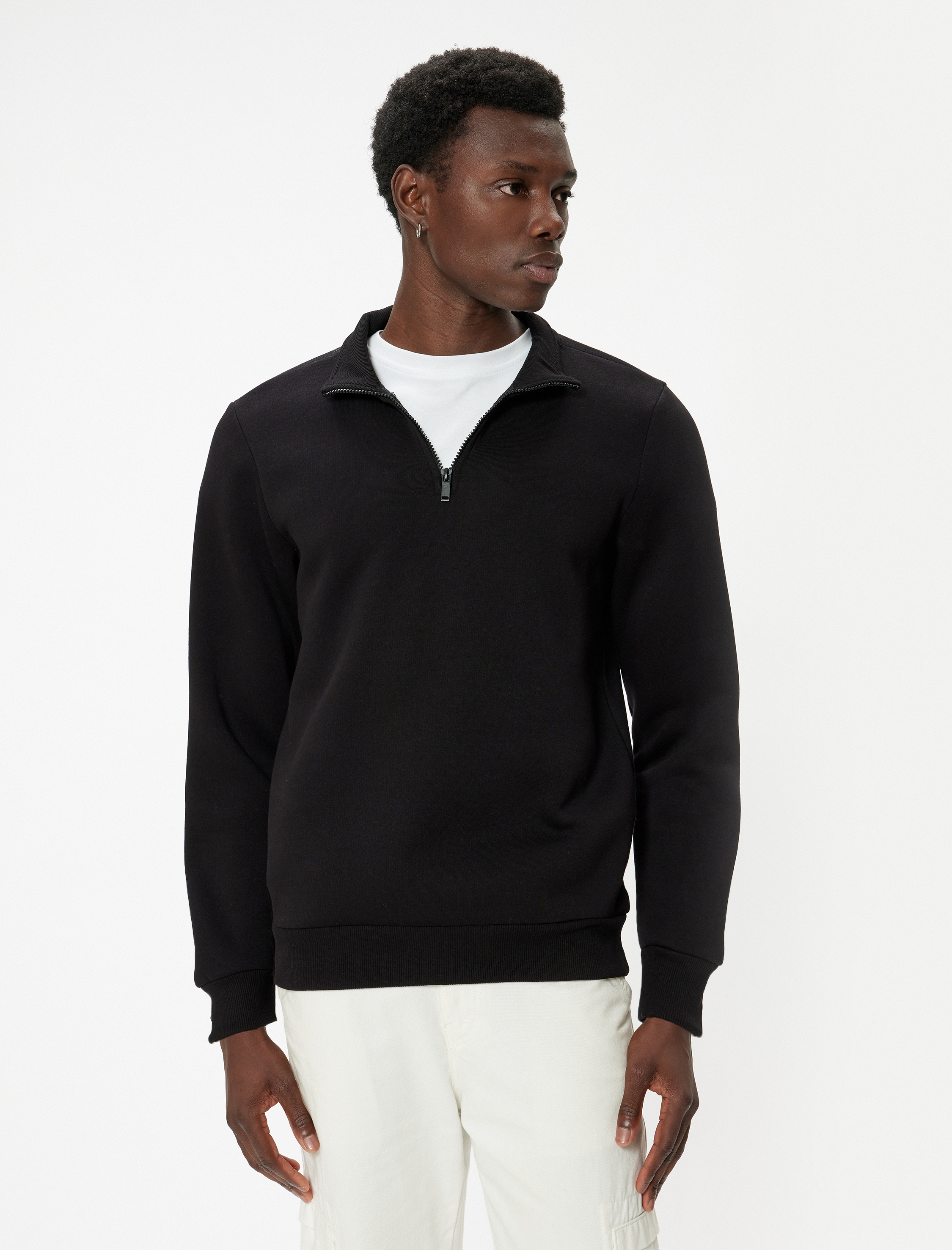   Yarım Fermuarlı Yaka Basic Şardonlu Pamuk Karışımlı Uzun Kollu Sweatshirt