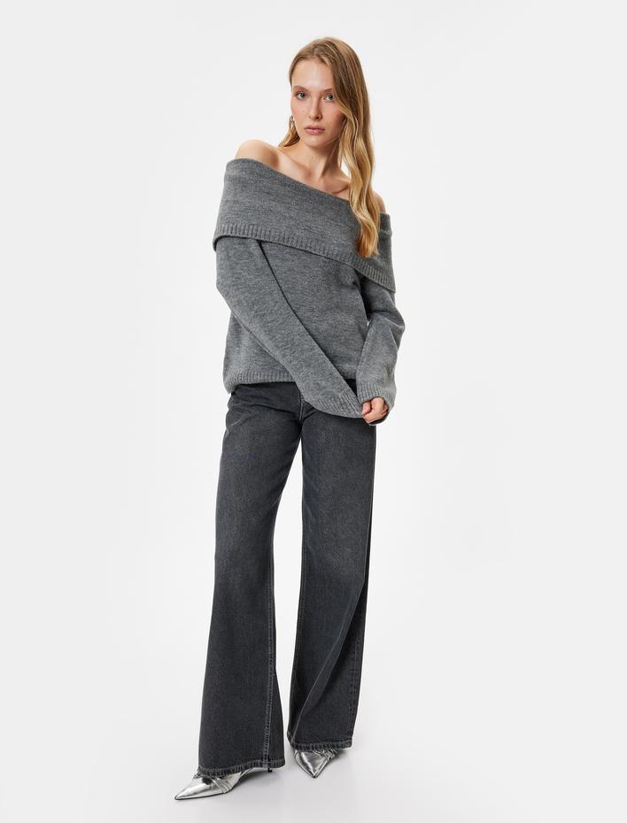  Triko Omzu Açık Kazak Yumuşak Dokulu Uzun Kollu