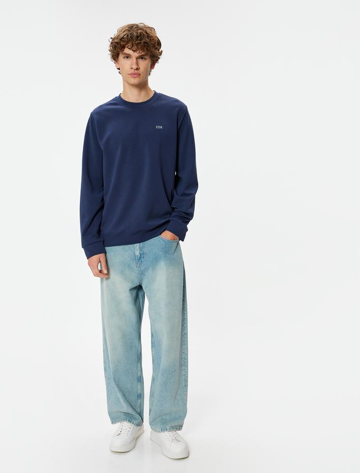  Bisiklet Yaka Sweatshirt Minimal Baskılı Basic İnterlok Kumaş Pamuk Karışımlı