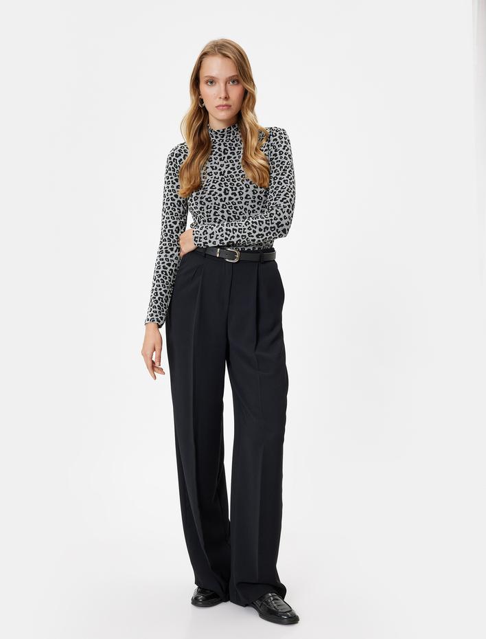  Leopar Tişört Dik Yaka Uzun Kollu Slim Fit