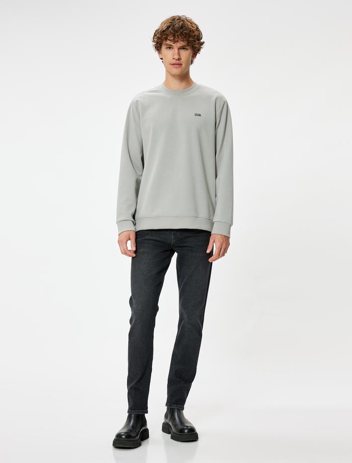  Bisiklet Yaka Sweatshirt Minimal Baskılı Basic İnterlok Kumaş Pamuk Karışımlı
