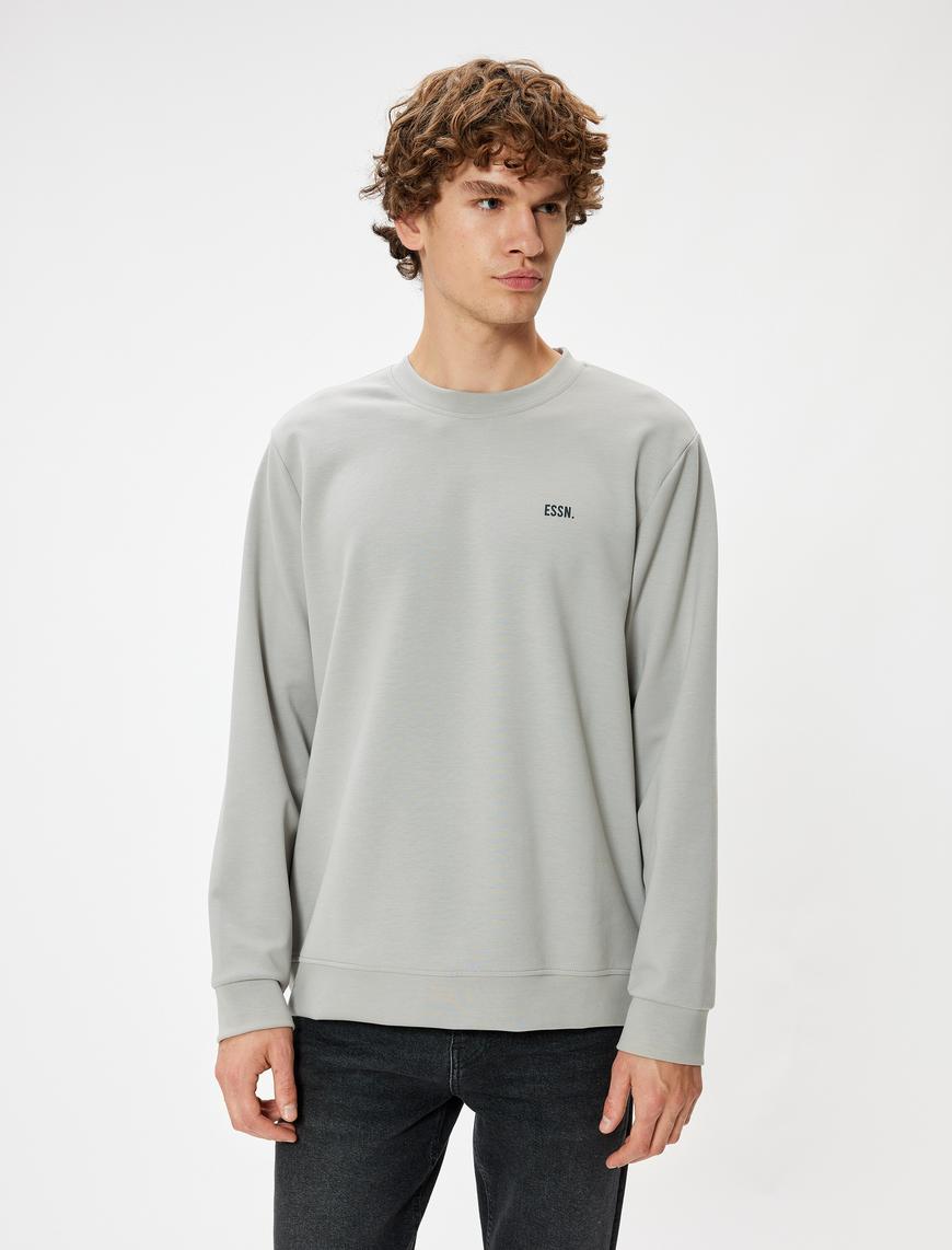   Bisiklet Yaka Sweatshirt Minimal Baskılı Basic İnterlok Kumaş Pamuk Karışımlı