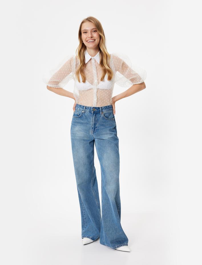  Transparan Balon Kol Gömlek Tül Puantiyeli