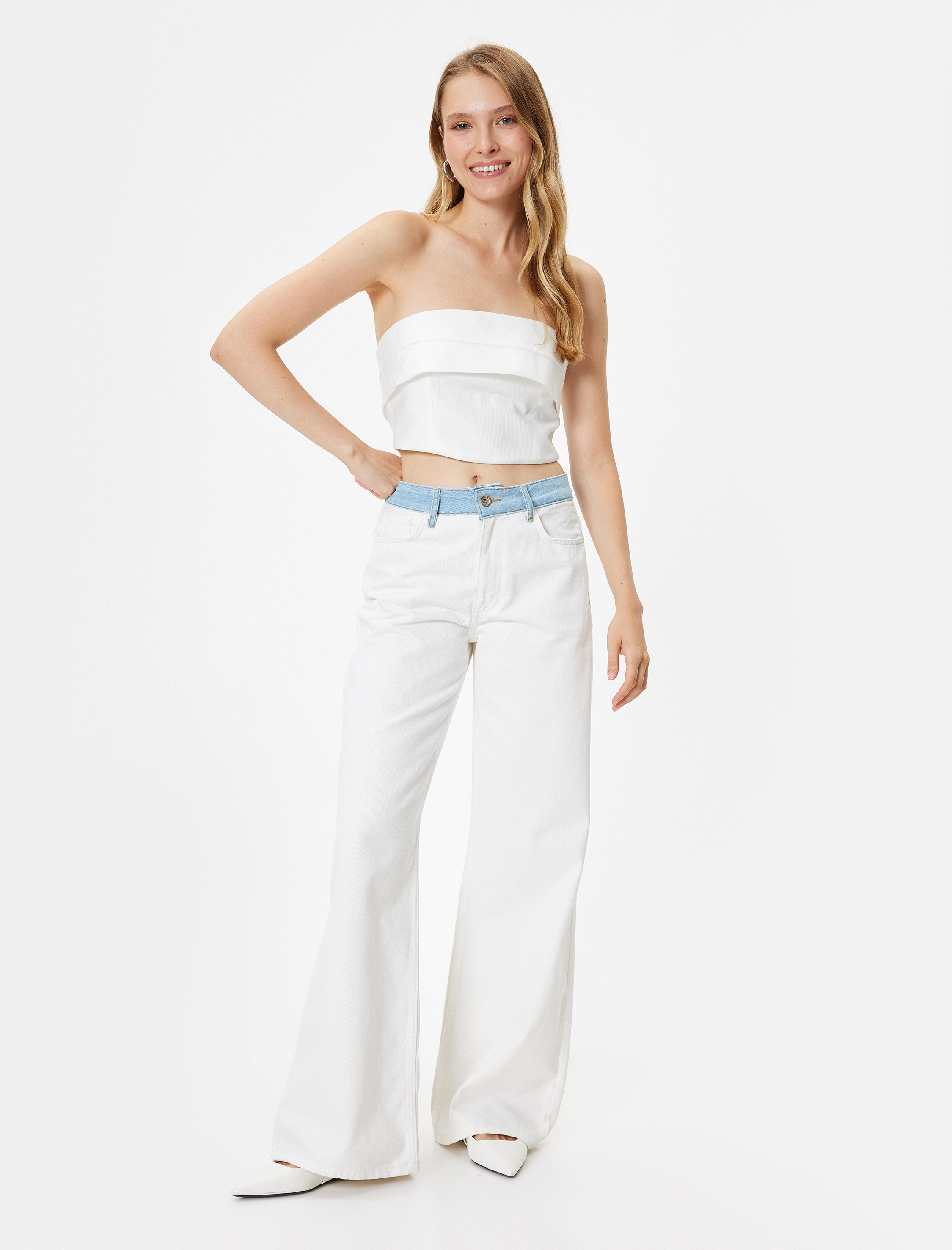   Geniş Paça Kot Pantolon Normal Bel Renk Bloklu - Wide Leg Jeans