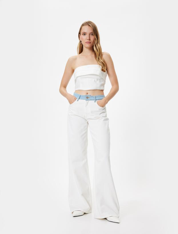 Geniş Paça Kot Pantolon Normal Bel Renk Bloklu - Wide Leg Jeans_0