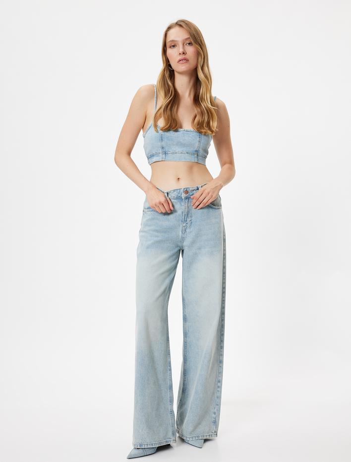  Oversize Kot Pantolon Normal Bel Uzun Bol Paça Düğmeli Cepli - Loose Straight Fit Jeans