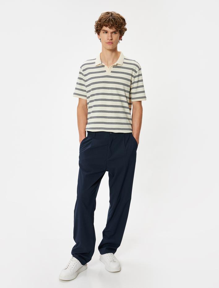  V Yaka Polo Tişört Dokulu Kısa Kollu Pamuklu