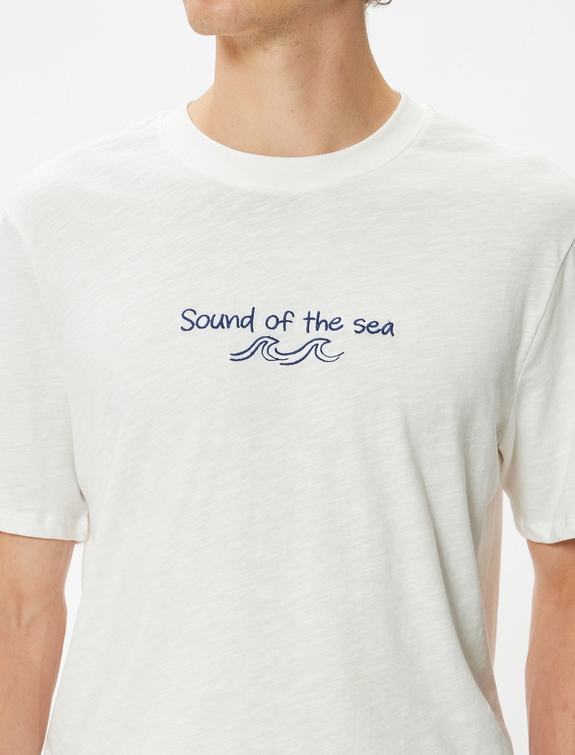   Slogan Baskılı Tişört Kısa Kollu Bisiklet Yaka Deniz Temalı Pamuklu