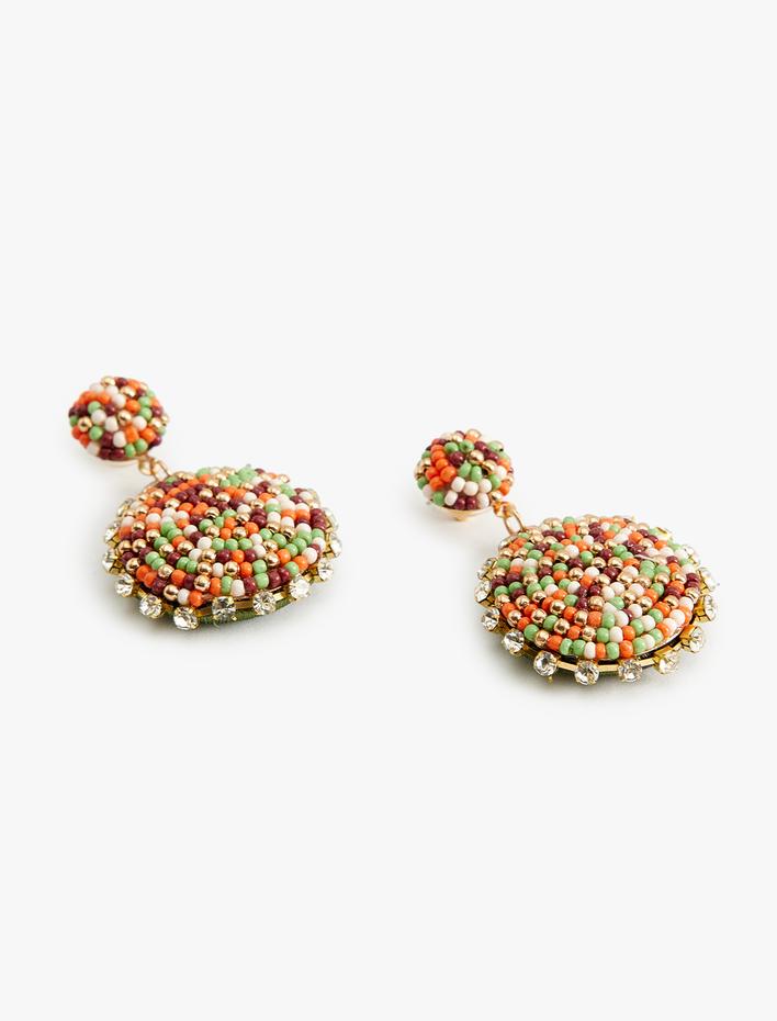 Kadın Çok Renkli Boncuklu Sallantılı Geometrik Küpe