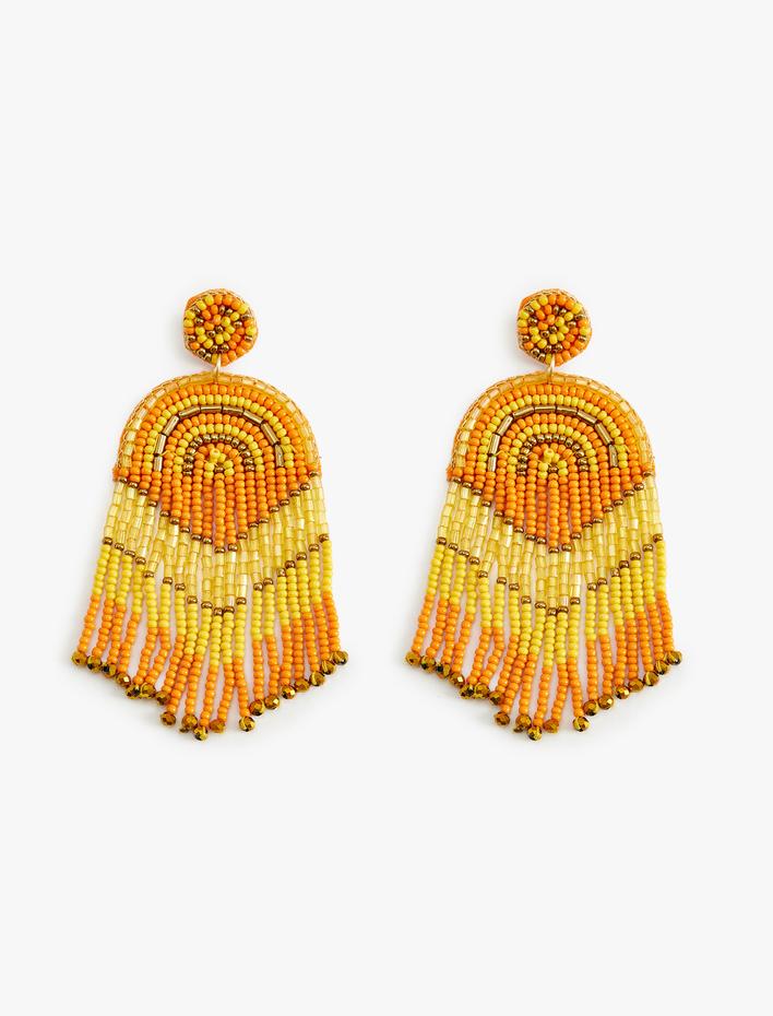 Kadın Etnik Küpe Boncuklu Çok Renkli Büyük Sallantılı