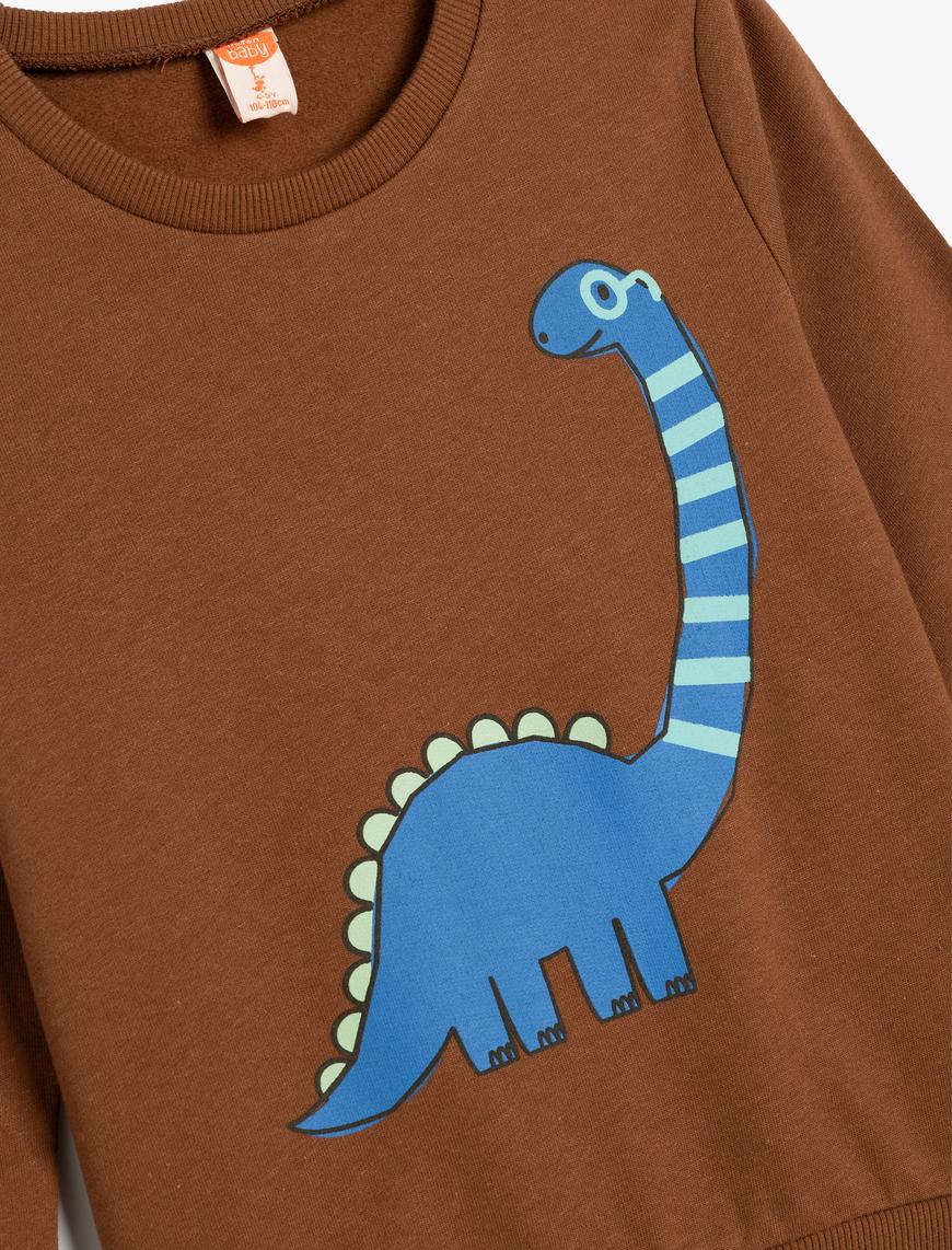  Erkek Bebek Dinozor Baskılı Sweatshirt Uzun Kollu Bisiklet Yaka Pamuklu