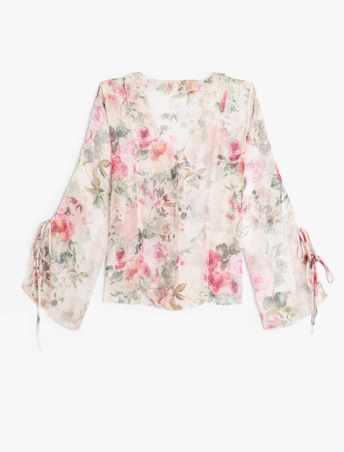  Yarı Transparan Çiçekli Bluz Önden Bağlama Detaylı Fırfırlı