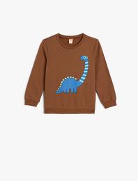 Dinozor Baskılı Sweatshirt Uzun Kollu Bisiklet Yaka Pamuklu