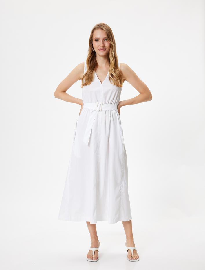  Uzun Kloş Elbise Kolsuz Cepli Kemer Detaylı V Yaka Pamuklu