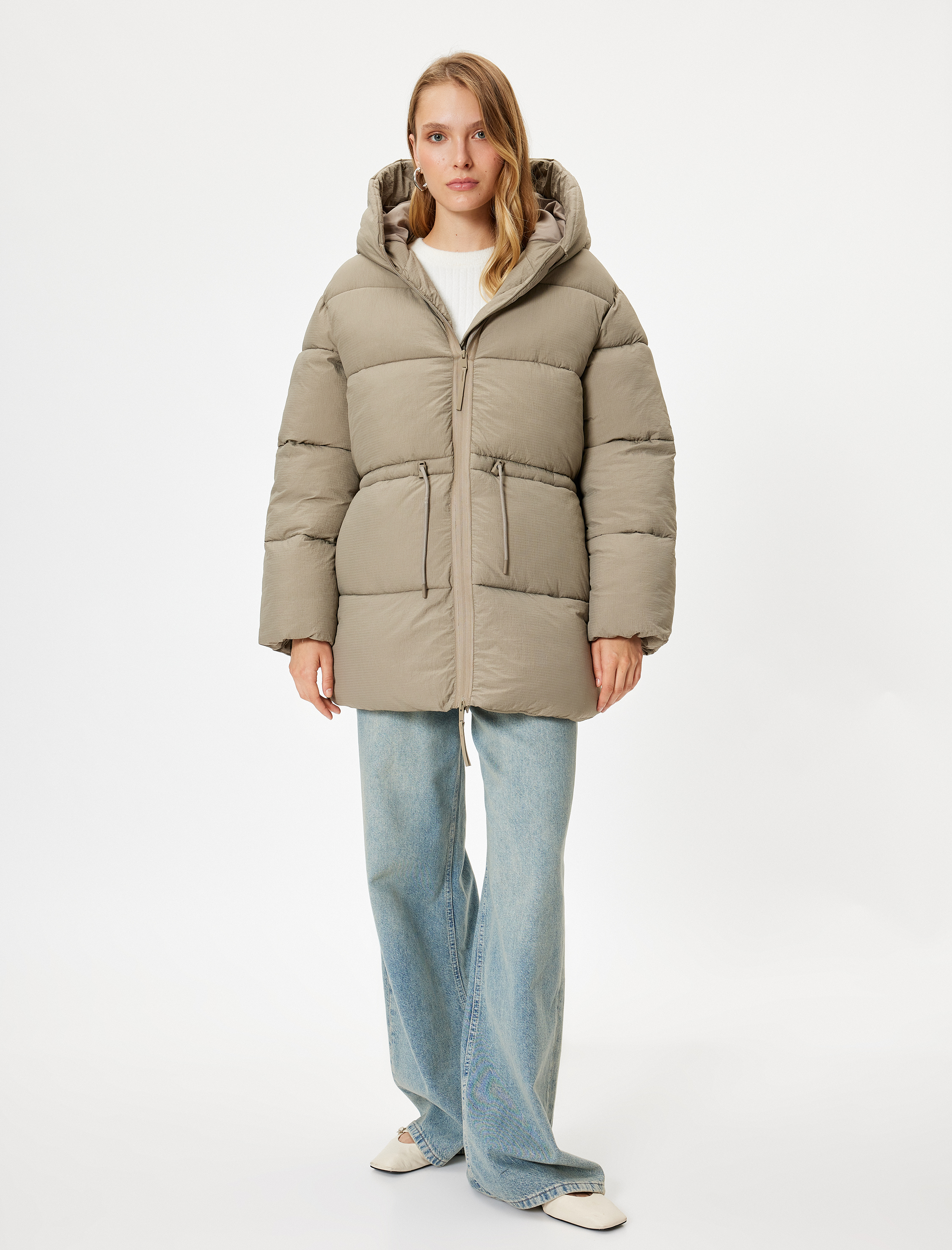 Kapşonlu Şişme Mont Oversize Cepli Fermuarlı