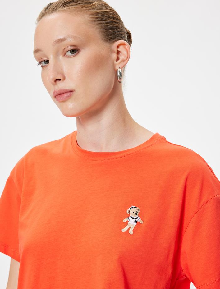  Kısa Kollu Tişört Bisiklet Yaka Nakışlı Pamuklu