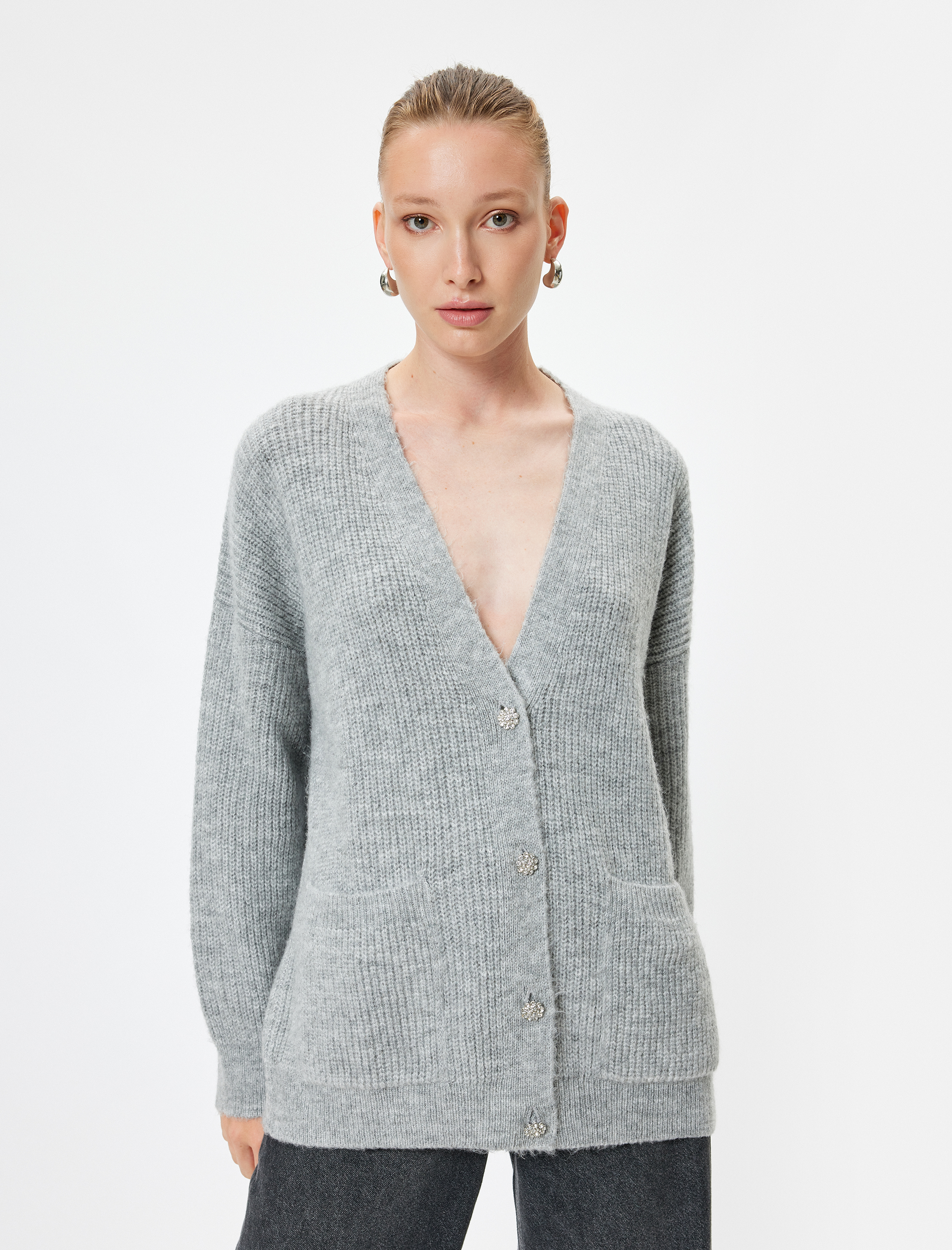   Triko Oversize Hırka V Yaka Düğmeli Cepli Uzun Kollu