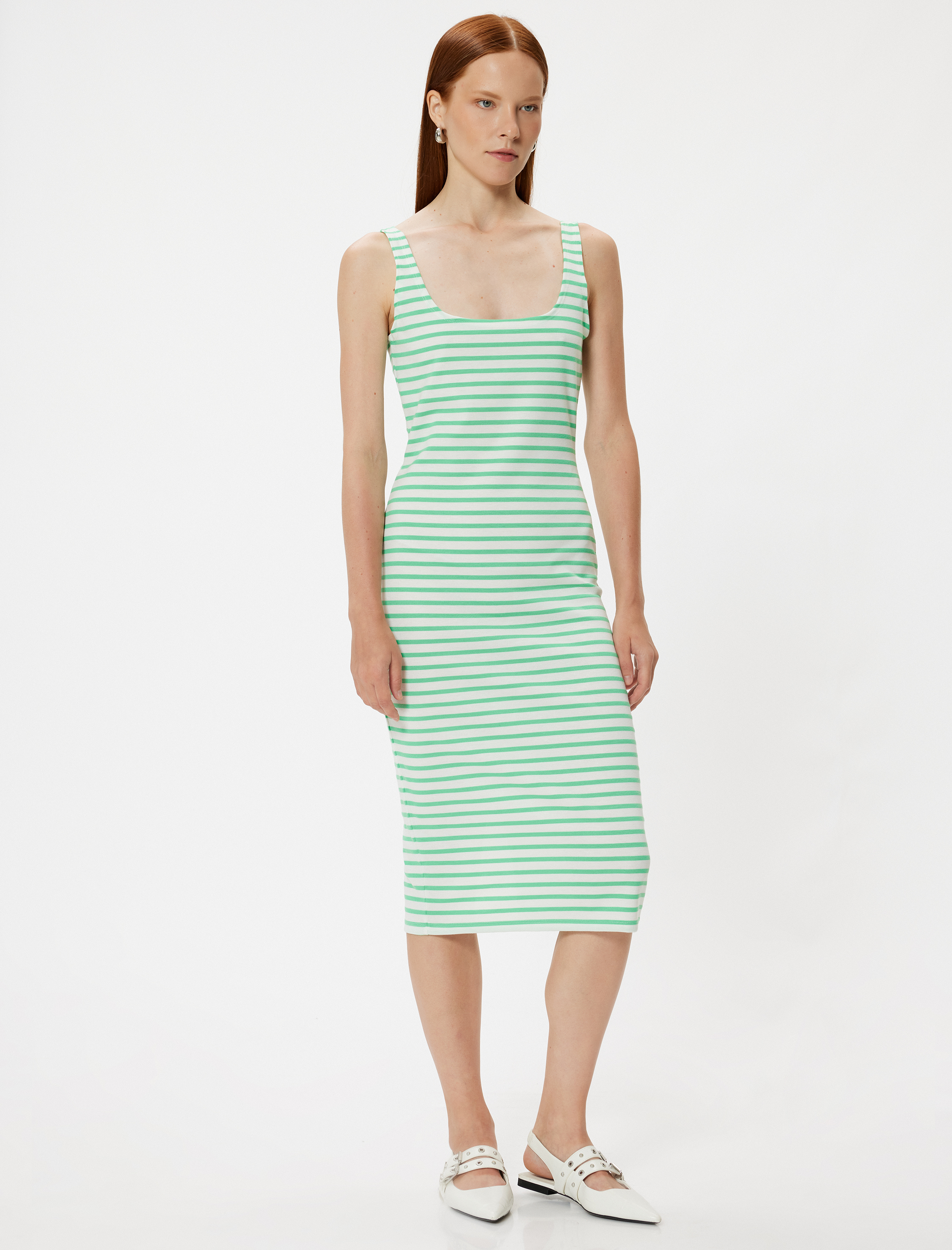   Midi Elbise Askılı U Yaka