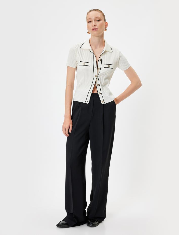  Polo Yaka Triko Kazak Kısa Kollu Düğmeli Kapak Cep Detaylı