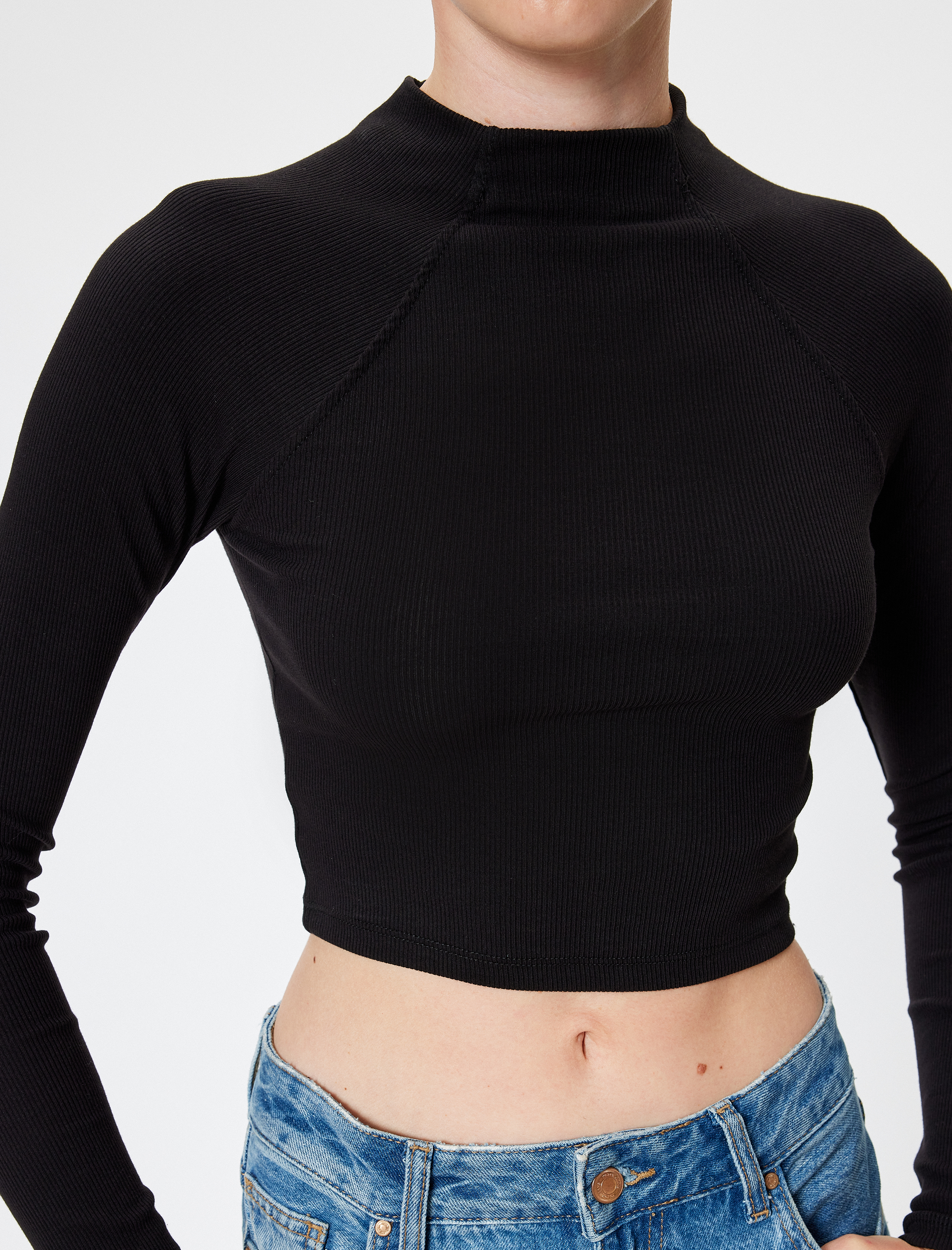   Dik Yaka Fitilli Body Uzun Kollu Slim Fit Pamuklu