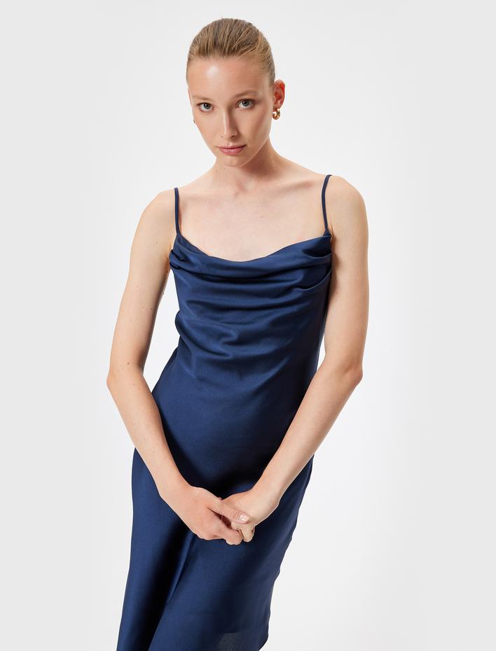  Midi Saten Abiye Elbise İp Askılı Degaje Yaka Asimetrik Kesim