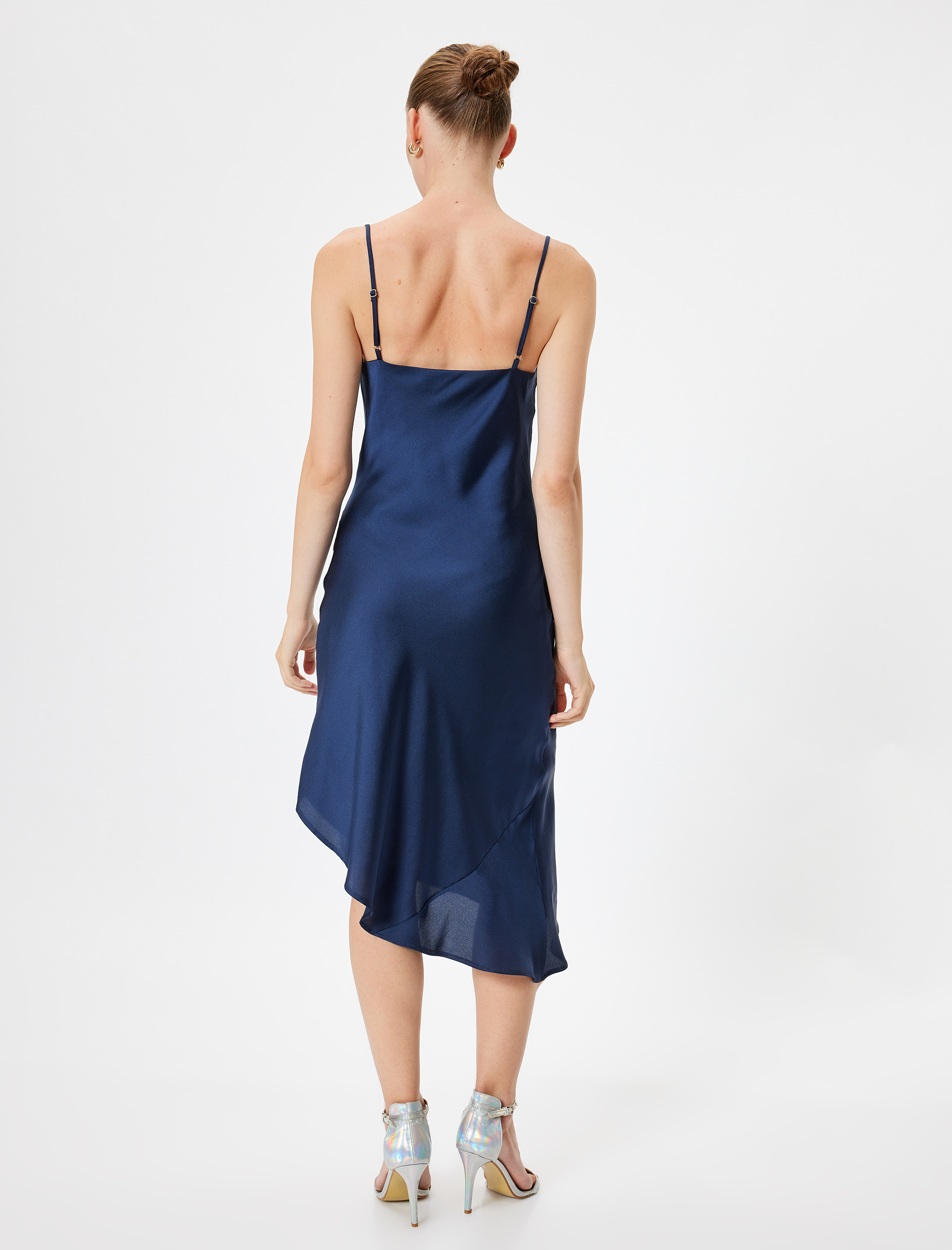   Midi Saten Abiye Elbise İp Askılı Degaje Yaka Asimetrik Kesim