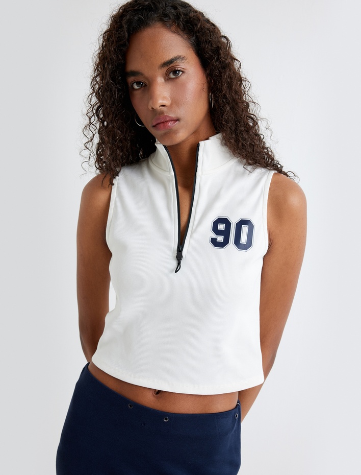  Dik Yaka Kolsuz Tişört Yarım Fermuar Detaylı Pamuklu