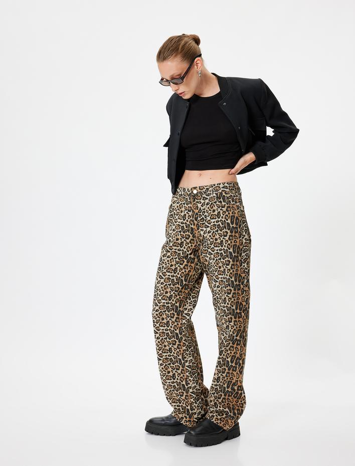  Leopar Pantolon Normal Bel Straight Fit Cepli Düğmeli
