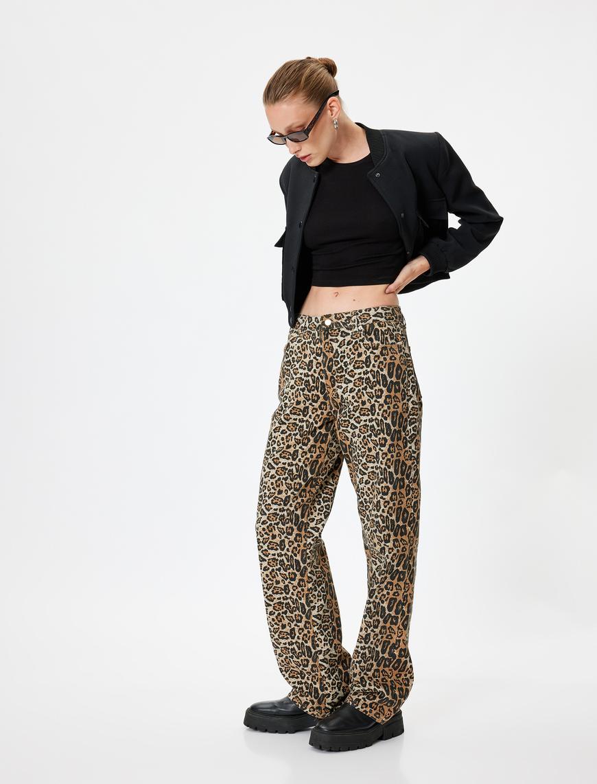   Leopar Pantolon Normal Bel Straight Fit Cepli Düğmeli