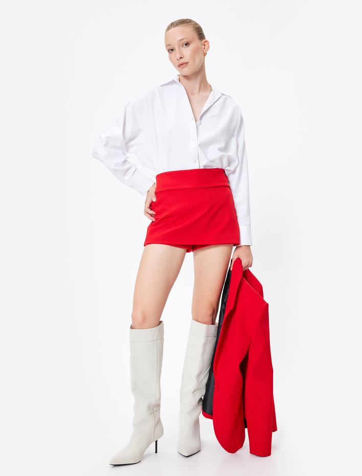  Düşük Bel Slim Fit Düğme Detaylı Mini Şort Etek