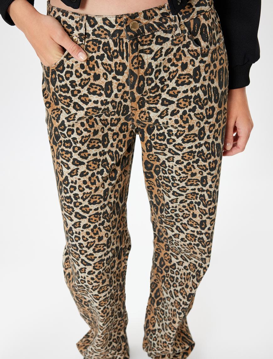   Leopar Pantolon Normal Bel Straight Fit Cepli Düğmeli