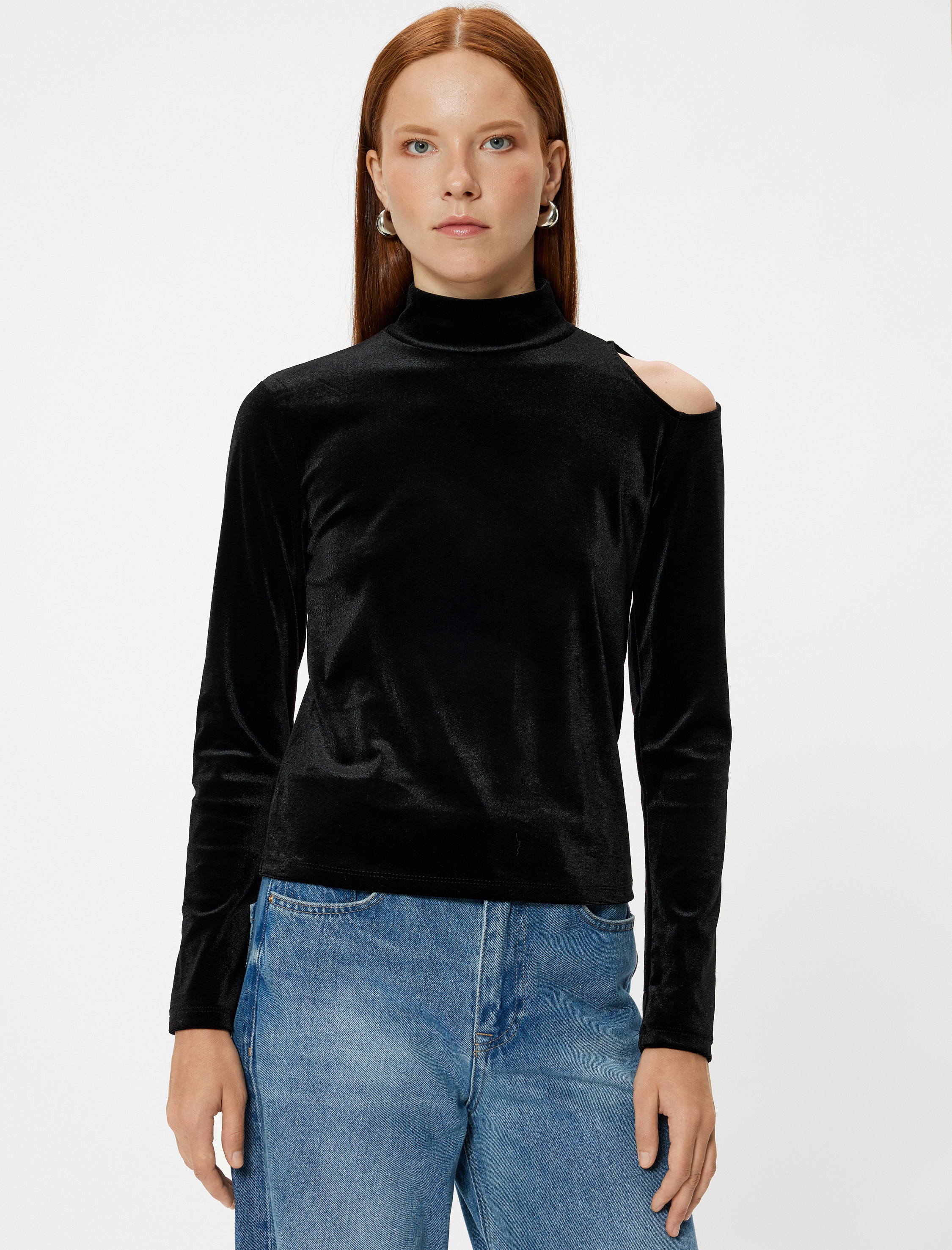   Kadife Tişört Dik Yaka Pencere Detaylı Uzun Kollu